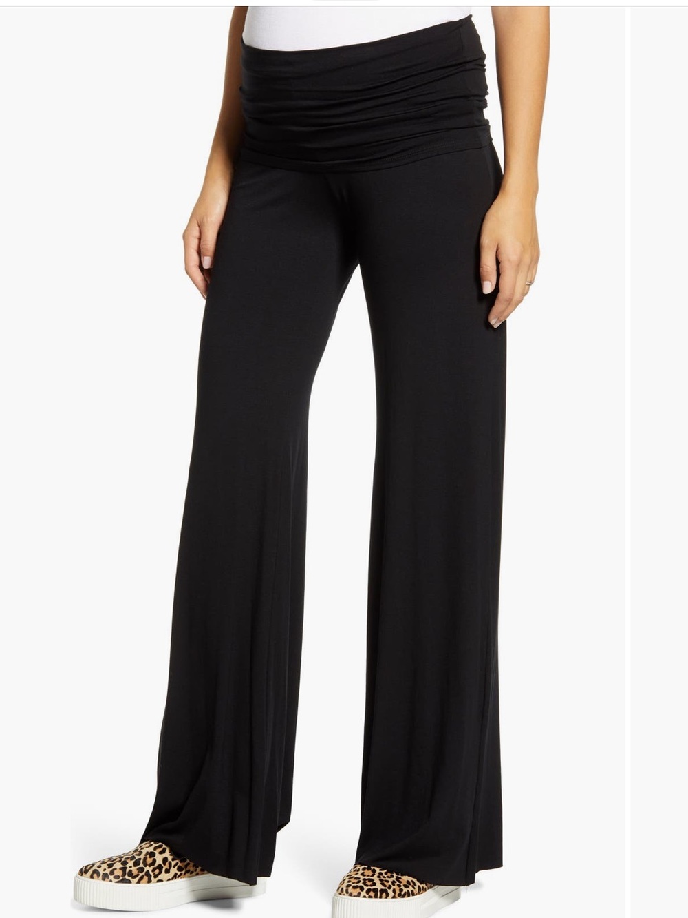 Maternal America Maternity Fold-Over Waist Wide Flare Leg Pants - Black, size M